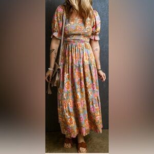 Jessica Floral Tiered Maxi Dress in Teal, Pink & Orange